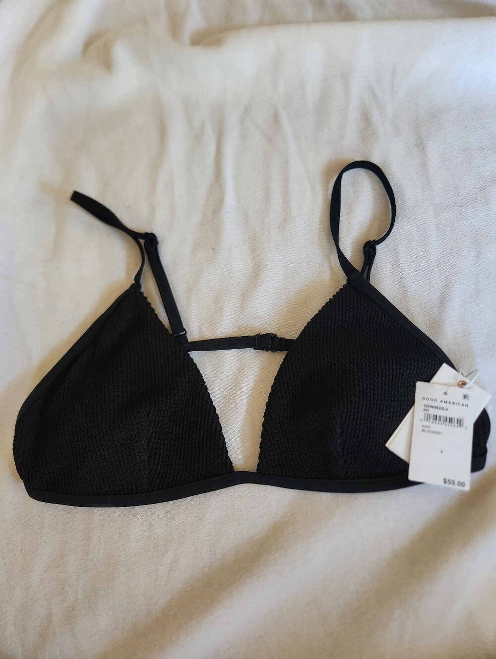 Good American NWT Black Textured Triangle Bikini Top Adjustable Size 4